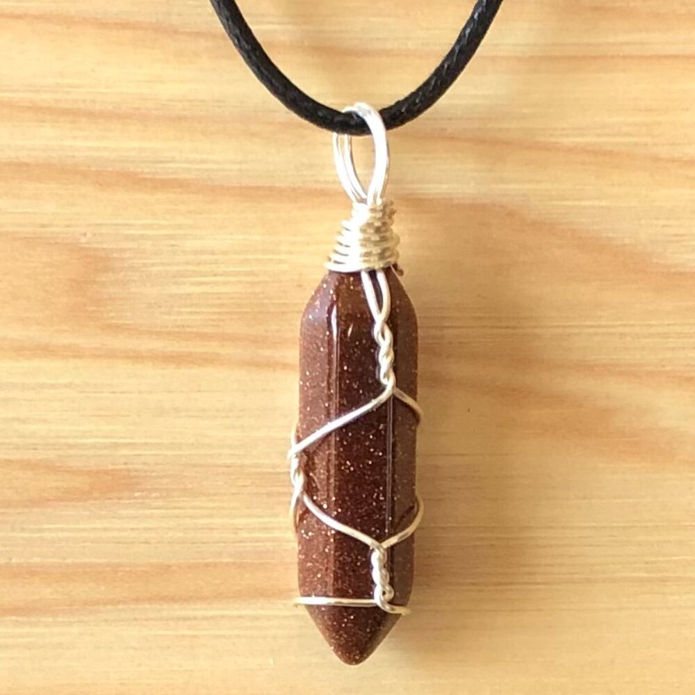 Gold Sandstone Natural Gemstone Hexagonal Point Wire Wrapped Pendant Necklace
